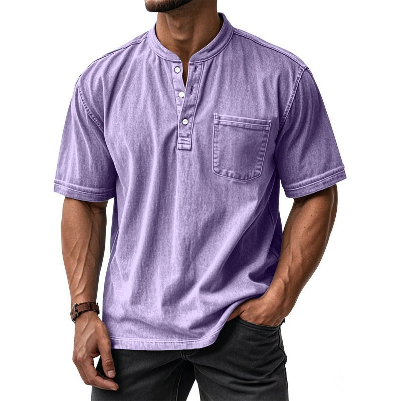 Men's Casual All-Match Short-Sleeve Button-Up Crew-Neck Shirt