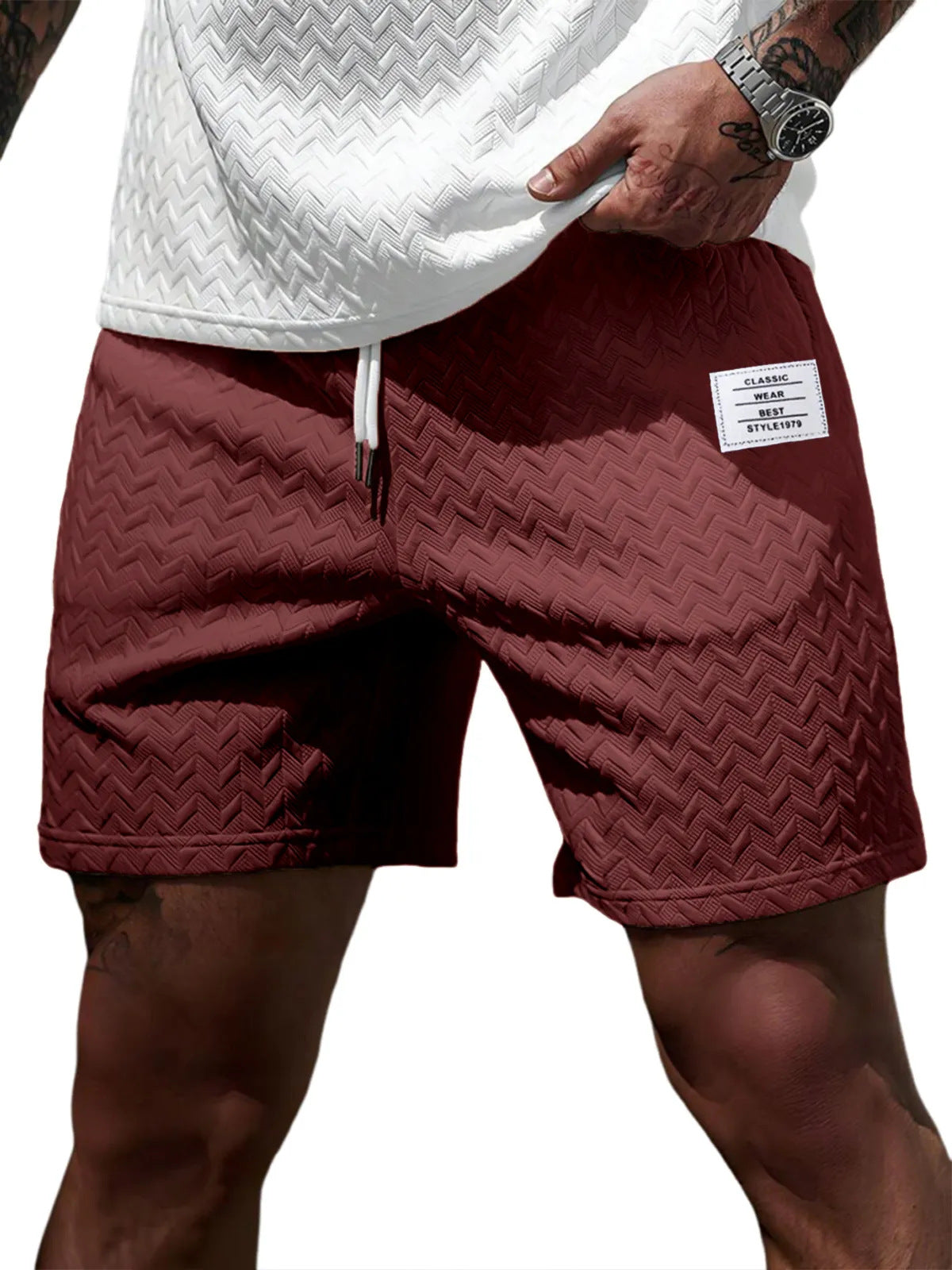 Loose-fitting Solid-color Jacquard Drawstring Casual Shorts Beach Pants