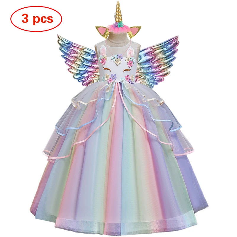 Girl's Long Unicorn Rainbow Wedding Party Dress Girl's Birthday Party Unicorn Character Dance Performance Dress Three Piece Set