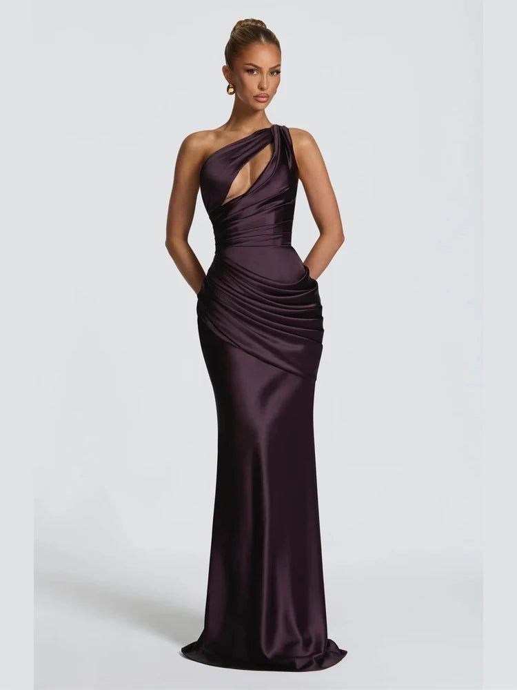 Women Green Ruched Elegant Satin Maxi Dress Mermaid One-shoulder Cutout Slim Fit Flowy Vestido 2026 Lady Summer Evening Vestidos
