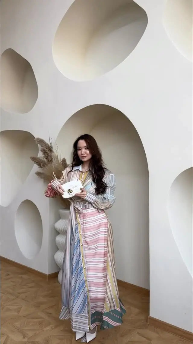 Women Multicolor Striped Maxi Dress Collared Waist Belt Wrap Long Sleeve Ruffle Hem Casual Summer Dress 2026 Trendy Lady Robe