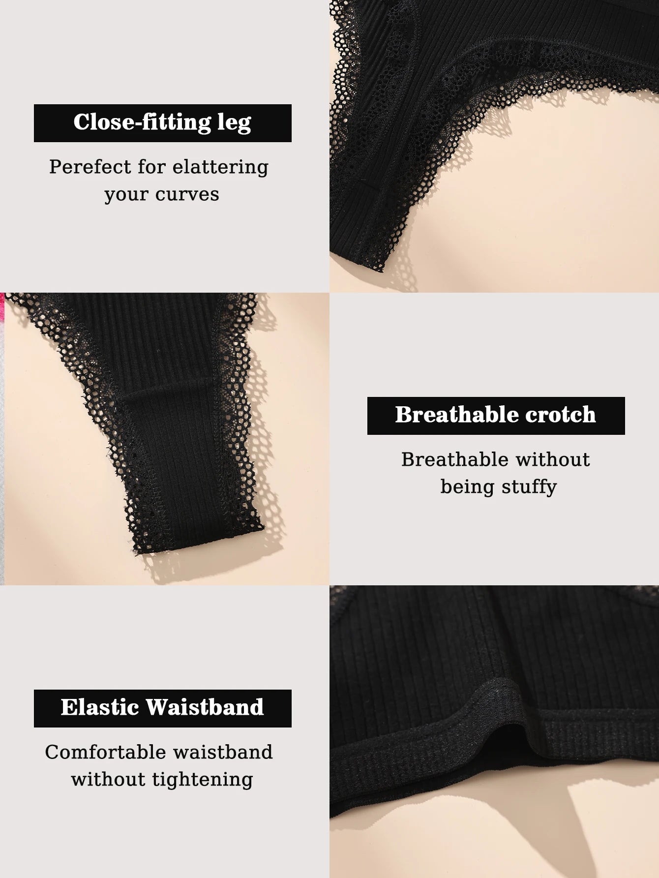 5Pcs Women Thongs Sexy Lace Panties Low Waist Underwear Girls Briefs G-String Breathable Ladies Panty Black Female Lingerie S-XL