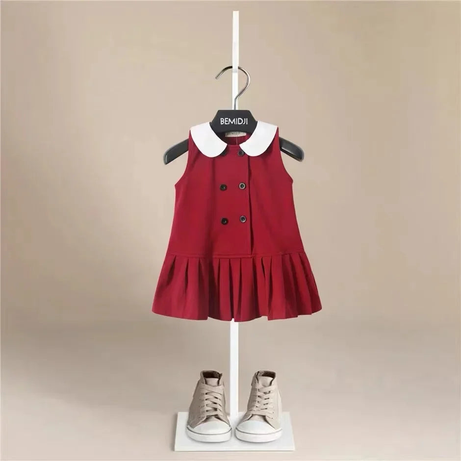 Girls Dress Summer Party Sleeveless Plaid Dress Cotton Kids Dresses College Style Pleated Skirt Navy Blue New Year Costumes
