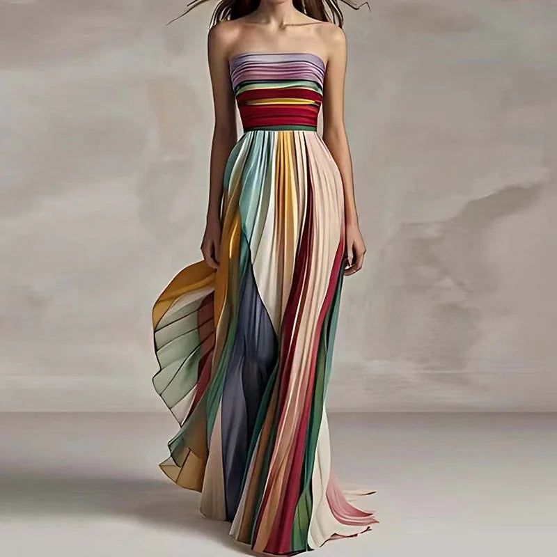 Women Summer Printing Patchwork Maxi Dress, Sleeveless Fashion Holiday Party Dress, 2024 Elegant Strapless Ladies Dress Vestidos