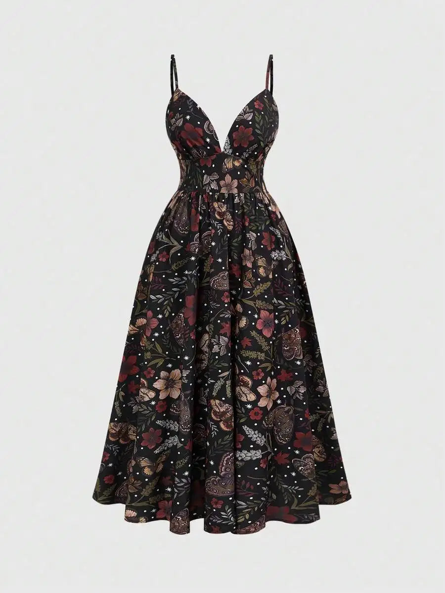 Floral Print Sleeveless V-Neck Midi Dress For Women Summer Casual Boho