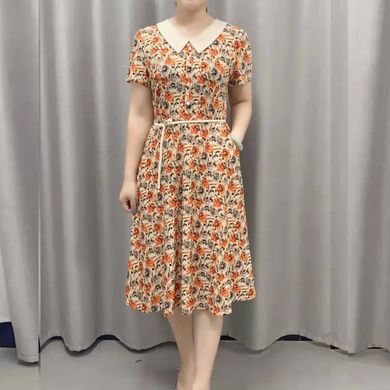 Women’s Vintage Floral Midi Dress – Peter Pan Collar Short Sleeve Button Dress