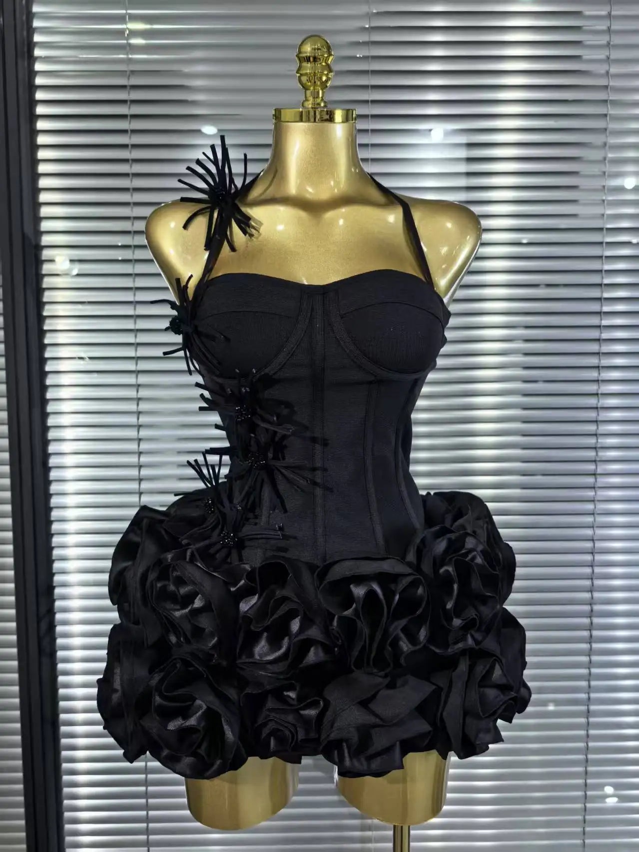 Red Black Women Sexy Halter Full Florals 2 Pieces Bodycon Mini Bandage Dress Celebrate Nightclub Party Birthday Outfit