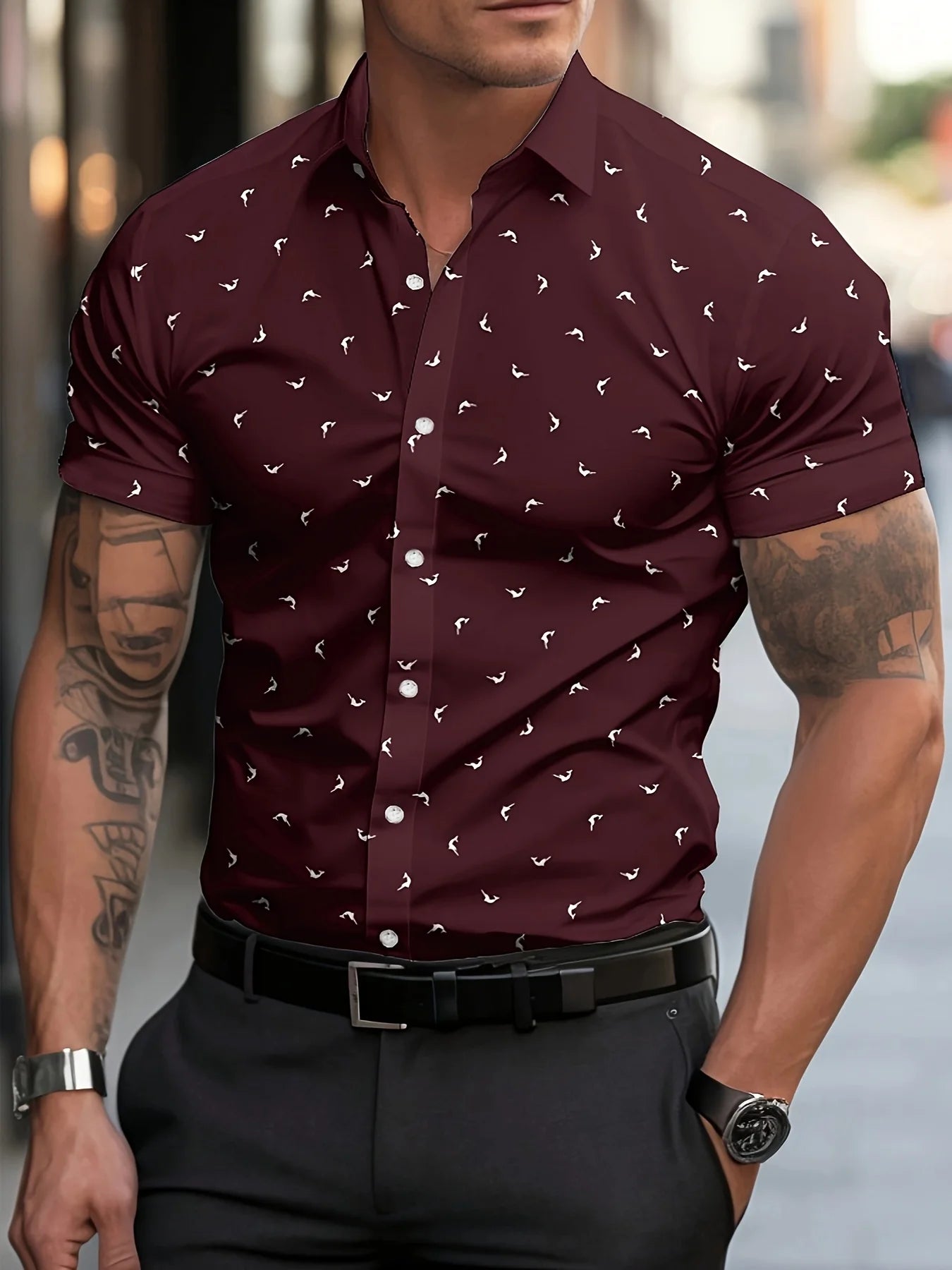 Men's Casual Short Sleeve Shirt - Summer Lightweight Breathable Fabric with Vibrant Blue Fish Print, Classic Pointed Collar
