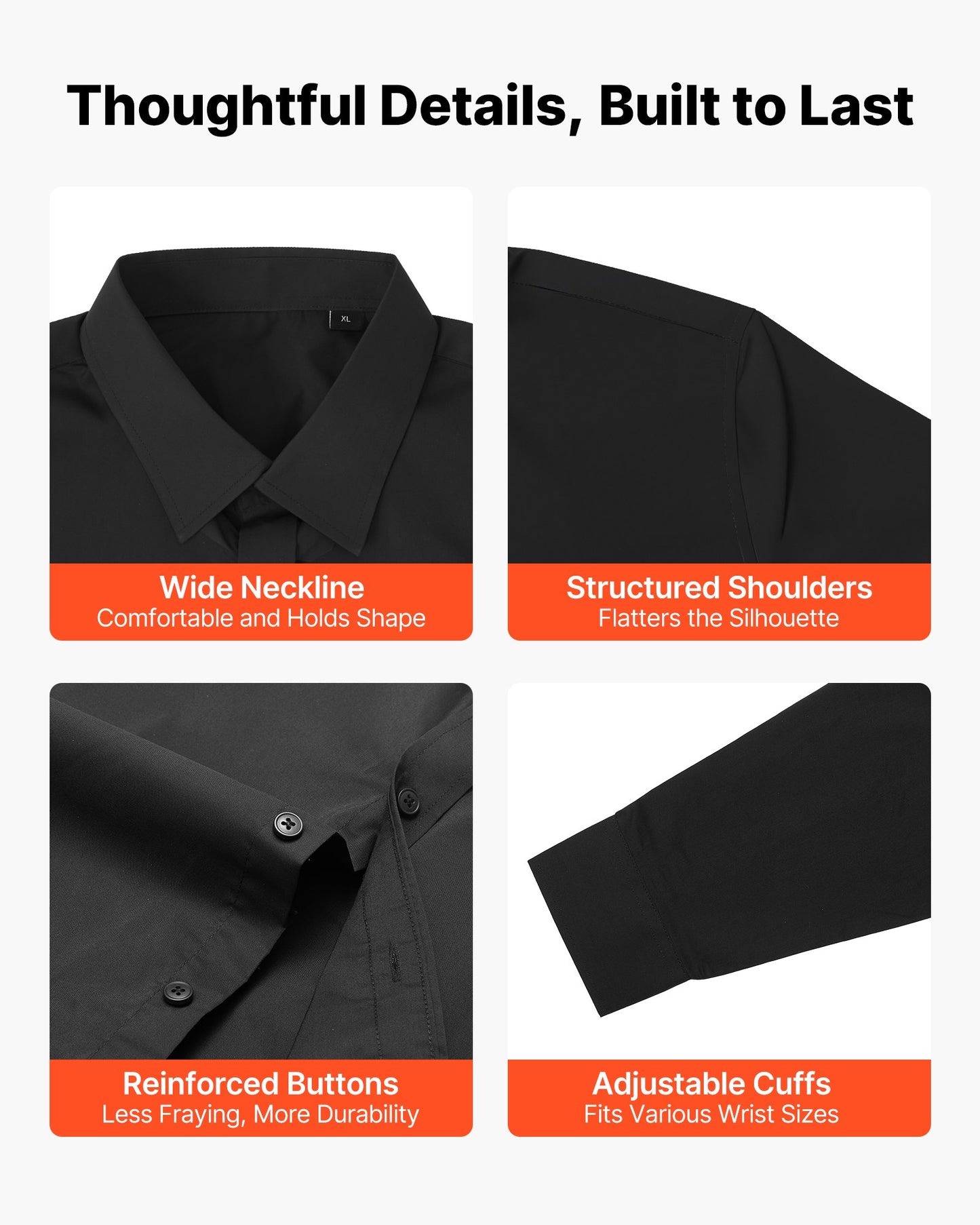 Men's Button Up Shirt, Mens Long Sleeve Wrinkle-free Button Down Dress Shirts, Slim Fit Soft Stretch Fabric For Business Casual Or Formal, Work, Wedding, Dinner, Black, XL Size