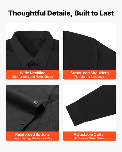 Men's Button Up Shirt, Mens Long Sleeve Wrinkle-free Button Down Dress Shirts, Slim Fit Soft Stretch Fabric For Business Casual Or Formal, Work, Wedding, Dinner, Black, XL Size