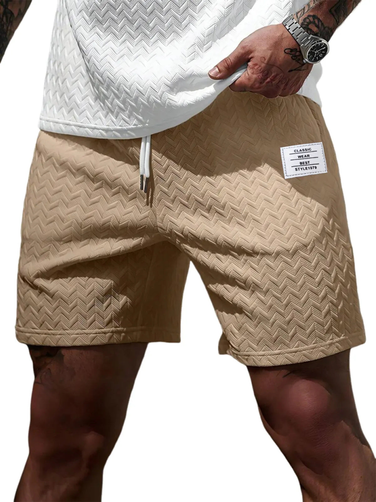 Loose-fitting Solid-color Jacquard Drawstring Casual Shorts Beach Pants