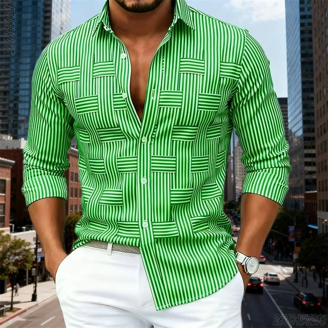 Men's Fashion Blue And White Striped Long-Sleeve Shirt