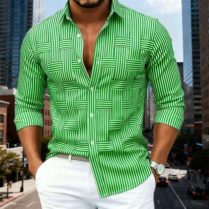 Men's Fashion Blue And White Striped Long-Sleeve Shirt