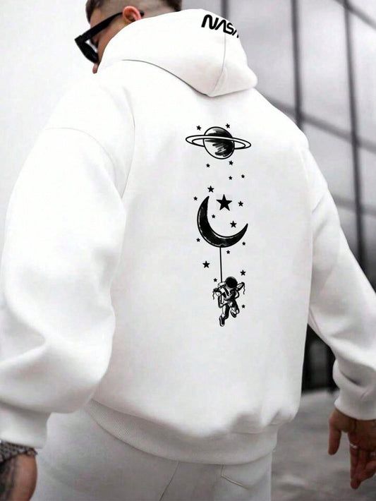 Manfinity Homme Men Ultra Loose Fit Moon & Planet Printed Hoodie, Fall, Long Sleeve Top