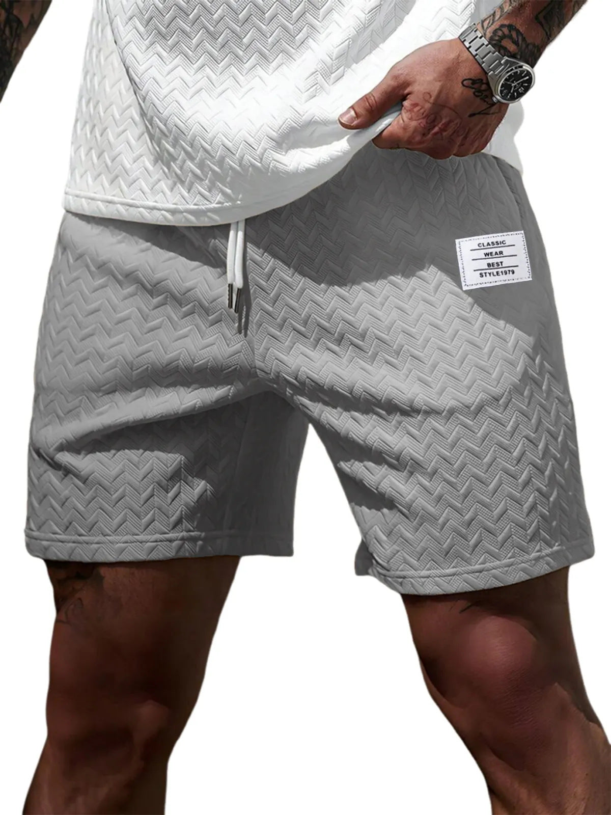 Loose-fitting Solid-color Jacquard Drawstring Casual Shorts Beach Pants