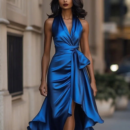 Elegant Deep V-neck Irregular Women's Ruffled Ruffled Evening Dress Gowns Solid Color Lace-up High Waist Satin Party Dresses Wedding Guests Dress