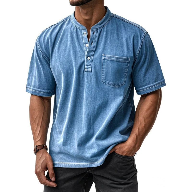 Men's Casual All-Match Short-Sleeve Button-Up Crew-Neck Shirt