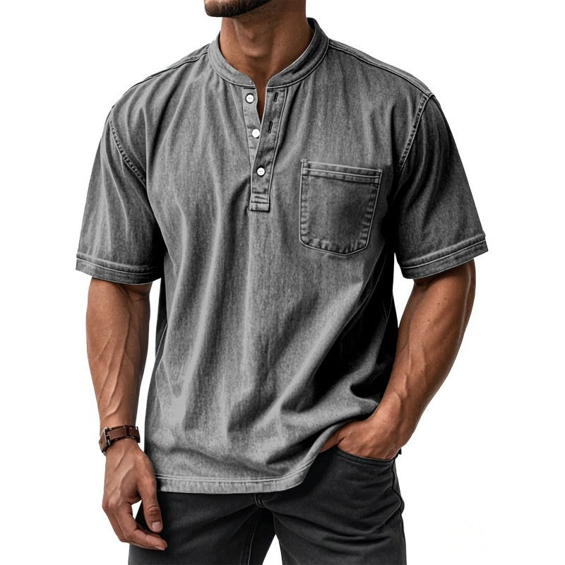 Men's Casual All-Match Short-Sleeve Button-Up Crew-Neck Shirt
