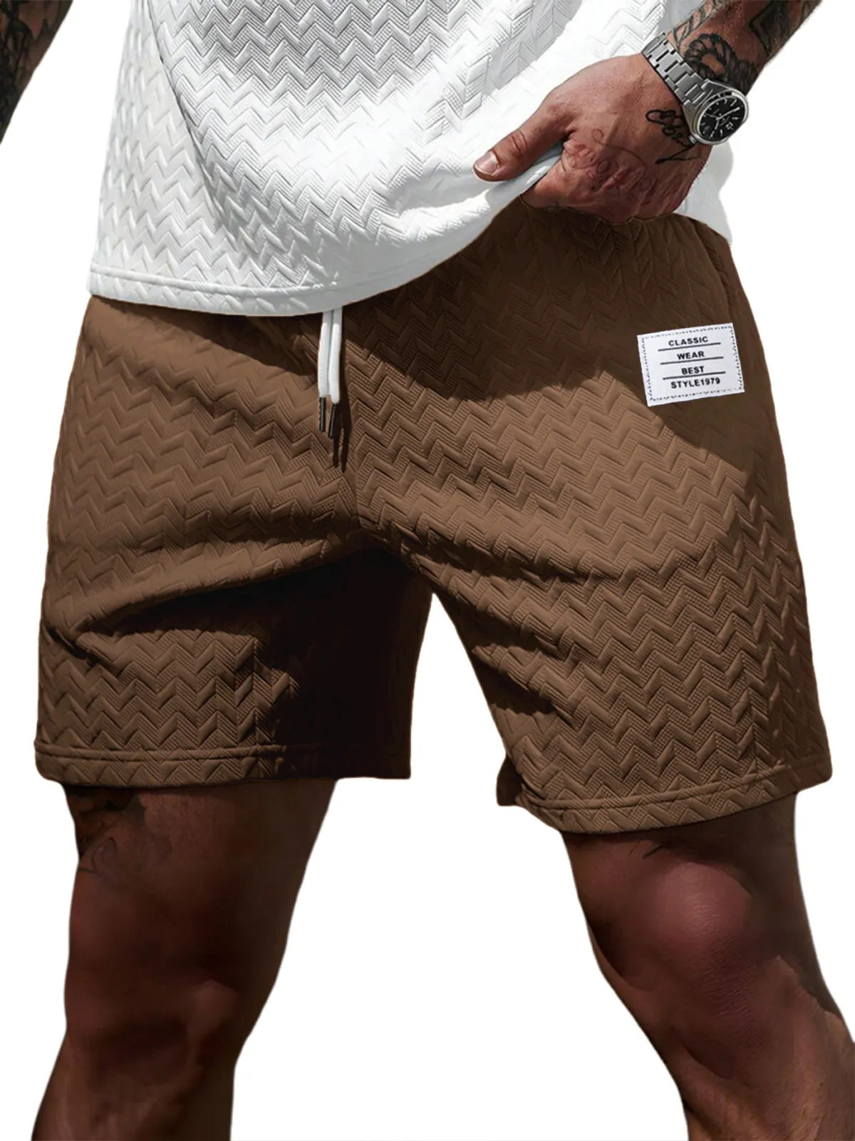 Loose-fitting Solid-color Jacquard Drawstring Casual Shorts Beach Pants