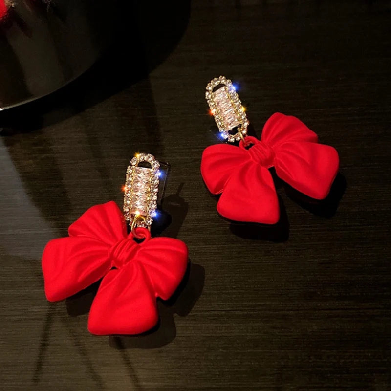 New Stylish Crystal Bow Knot Dangle Earrings For Women Lucky Red Color Heart Zircon Earring Girls Christmas New Year Jewelry
