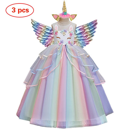 Girl's Long Unicorn Rainbow Wedding Party Dress Girl's Birthday Party Unicorn Character Dance Performance Dress Three Piece Set