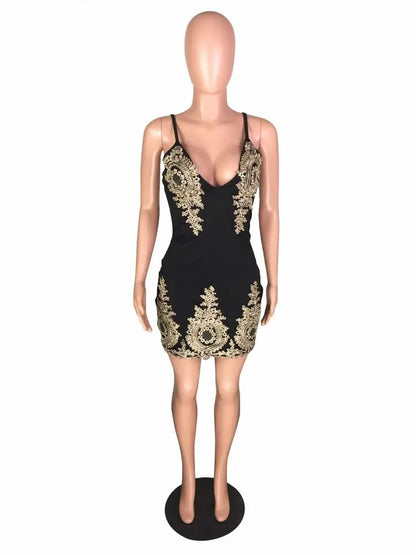 Gold and Black Flower Straps Party Dress