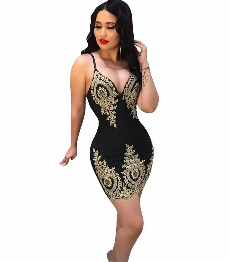Gold and Black Flower Straps Party Dress
