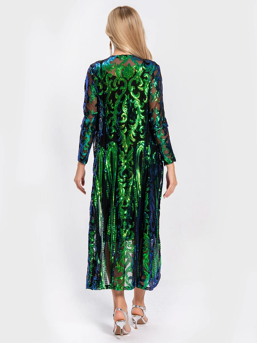 Women Sexy Long Sequin Open Front Mesh Cardigan Embroidery Long Sleeve Blouse Cover Up Coat Evening Prom Party Tops