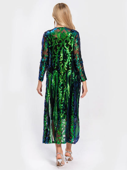 Women Sexy Long Sequin Open Front Mesh Cardigan Embroidery Long Sleeve Blouse Cover Up Coat Evening Prom Party Tops