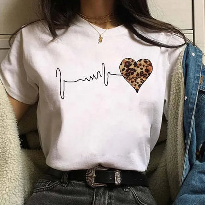 Leopard Print Simple Round Neck Lovely Woman Harajuku Graphic T Shirts Tops Summer Fashion Harajuku Sleeve Aesthetic Clothes