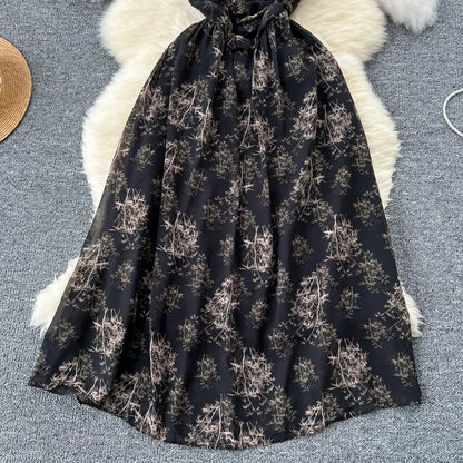 New Korean Fashion Rose Flower Print Romantic Retro Party Dress Summer Elastic High Waist Vacation Long Dress Beach Vestido