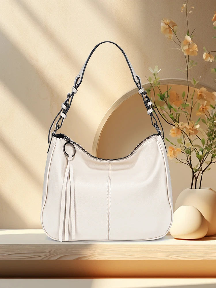 Zency Genuine Leather Hobo Bag Women Simple Classic Casual Handbag Shoulder Tote Soft Crossbody Large Pockets Tassel Bags