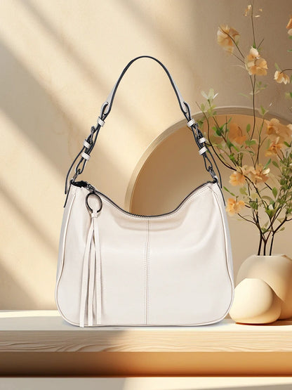 Zency Genuine Leather Hobo Bag Women Simple Classic Casual Handbag Shoulder Tote Soft Crossbody Large Pockets Tassel Bags