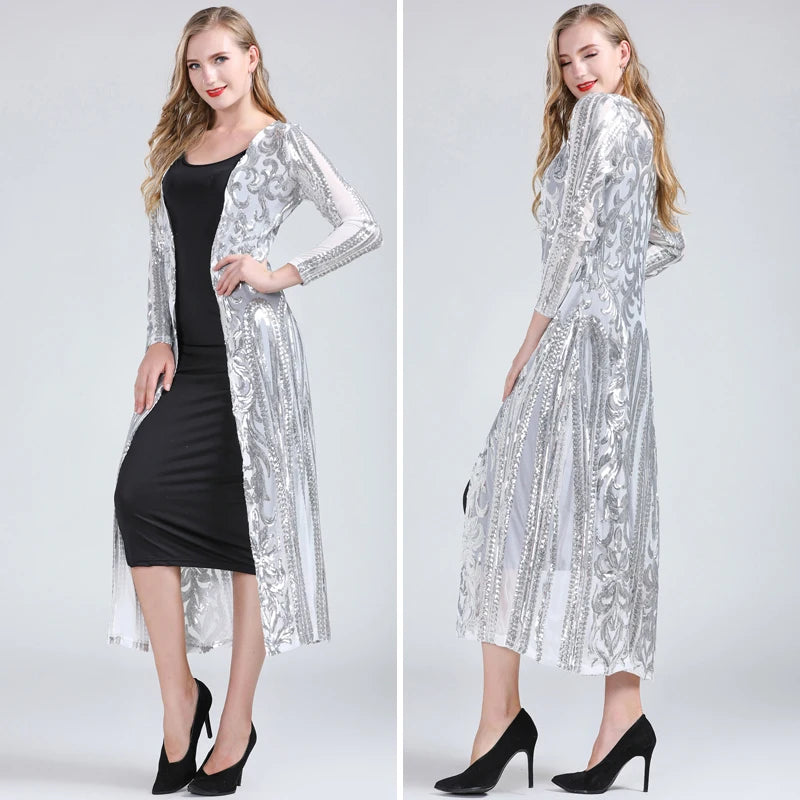 Women Sexy Long Sequin Open Front Mesh Cardigan Embroidery Long Sleeve Blouse Cover Up Coat Evening Prom Party Tops