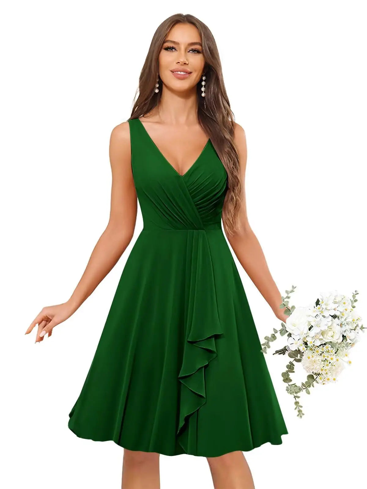 Short Bridesmaid Dresses for Women V-Neck Knee Length Pleated Ruffles Chiffon Evening Gown Evening Dresses Prom Party Dresses