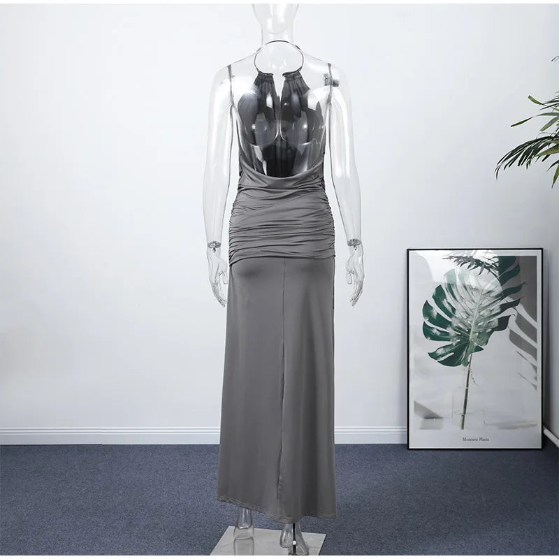 Elegant Women's Grey Halter Cowl-neck Draped Maxi Dress Sleeveless Slim Robe 2025 Summer New Fashion Female Evening Party Gown