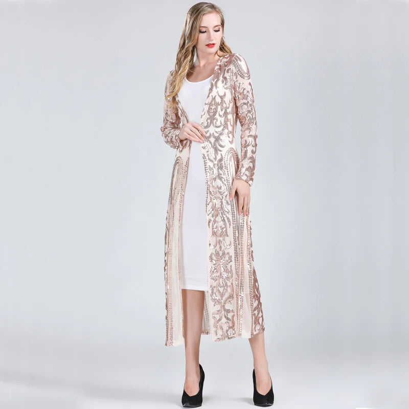 Women Sexy Long Sequin Open Front Mesh Cardigan Embroidery Long Sleeve Blouse Cover Up Coat Evening Prom Party Tops