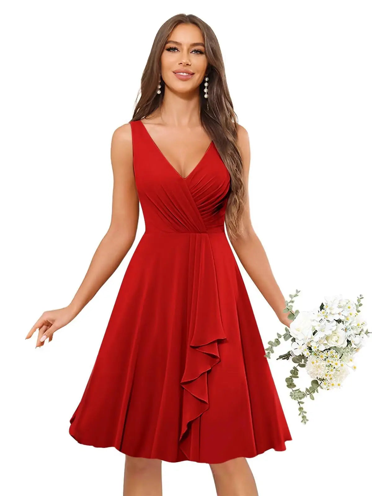 Short Bridesmaid Dresses for Women V-Neck Knee Length Pleated Ruffles Chiffon Evening Gown Evening Dresses Prom Party Dresses
