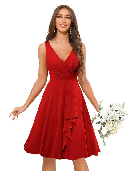 Short Bridesmaid Dresses for Women V-Neck Knee Length Pleated Ruffles Chiffon Evening Gown Evening Dresses Prom Party Dresses
