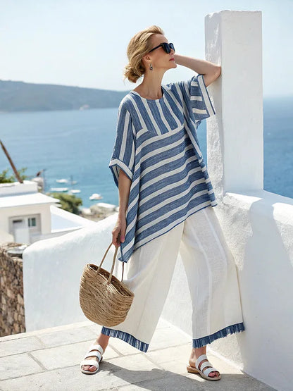 Retro Vacation Printed Striped 2Piece Set Half Sleeve Oversize Pullover Top+Long Pants Casual Women Patchwork Pocket Set Outfits