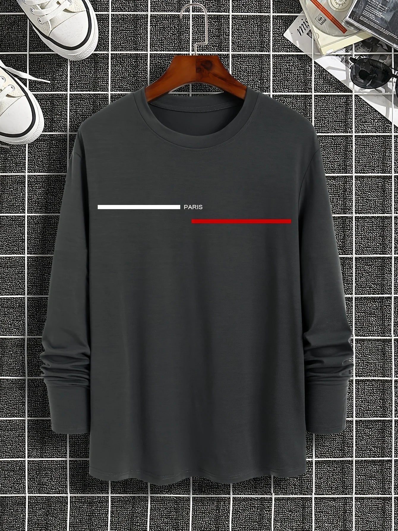 Men's 100% pure cotton summer loose comfortable casual  PARIS print large round neck long sleeve T-shirt top