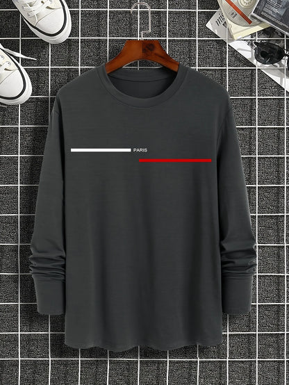 Men's 100% pure cotton summer loose comfortable casual  PARIS print large round neck long sleeve T-shirt top