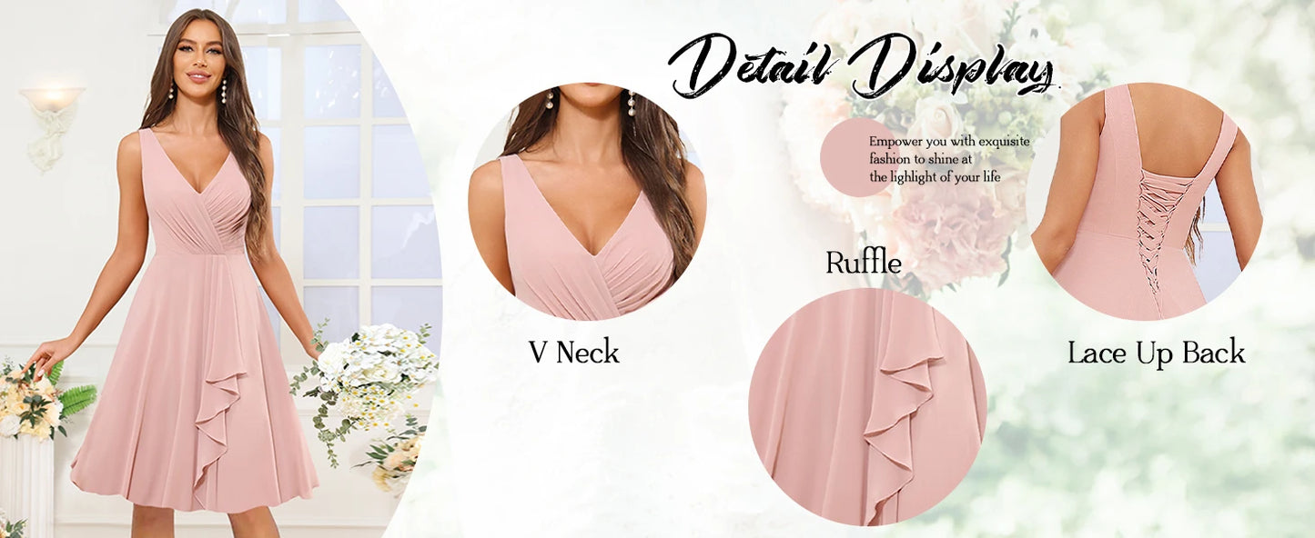 Short Bridesmaid Dresses for Women V-Neck Knee Length Pleated Ruffles Chiffon Evening Gown Evening Dresses Prom Party Dresses