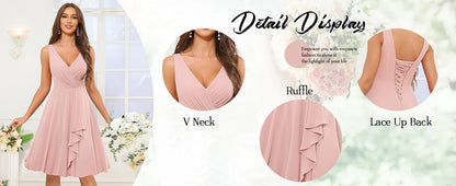 Short Bridesmaid Dresses for Women V-Neck Knee Length Pleated Ruffles Chiffon Evening Gown Evening Dresses Prom Party Dresses