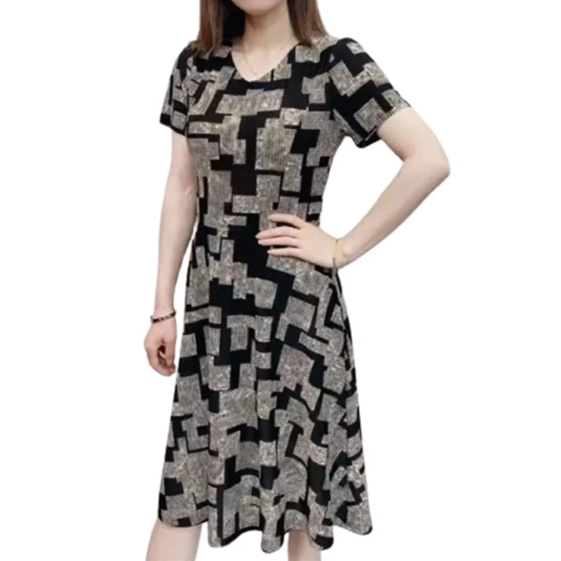 Elegant Fashion Geometric Printing Dresses Summer 2023 New Short Sleeve V-Neck Loose Tunic Pullovers Midi Dress Women's Clothing
