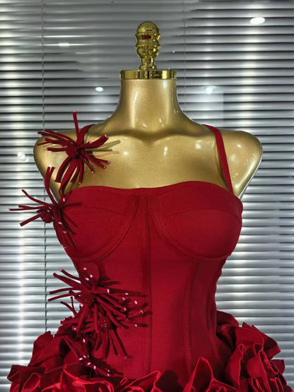 Red Black Women Sexy Halter Full Florals 2 Pieces Bodycon Mini Bandage Dress Celebrate Nightclub Party Birthday Outfit