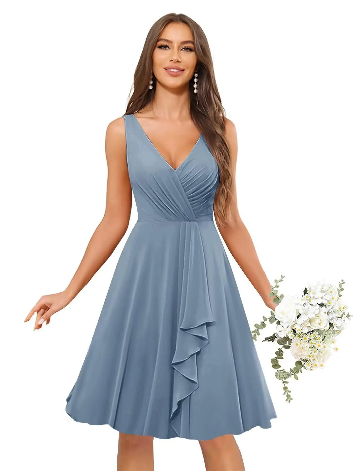 Short Bridesmaid Dresses for Women V-Neck Knee Length Pleated Ruffles Chiffon Evening Gown Evening Dresses Prom Party Dresses