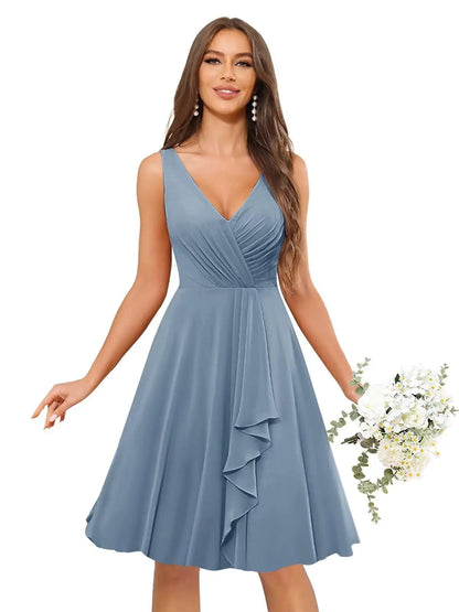 Short Bridesmaid Dresses for Women V-Neck Knee Length Pleated Ruffles Chiffon Evening Gown Evening Dresses Prom Party Dresses