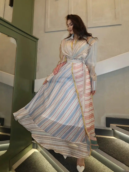 Women Multicolor Striped Maxi Dress Collared Waist Belt Wrap Long Sleeve Ruffle Hem Casual Summer Dress 2026 Trendy Lady Robe