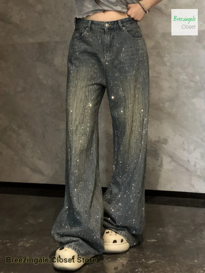 Korean style fashion rhinestone jeans women's autumn and winter new design temperament high waist straight loose trousers.